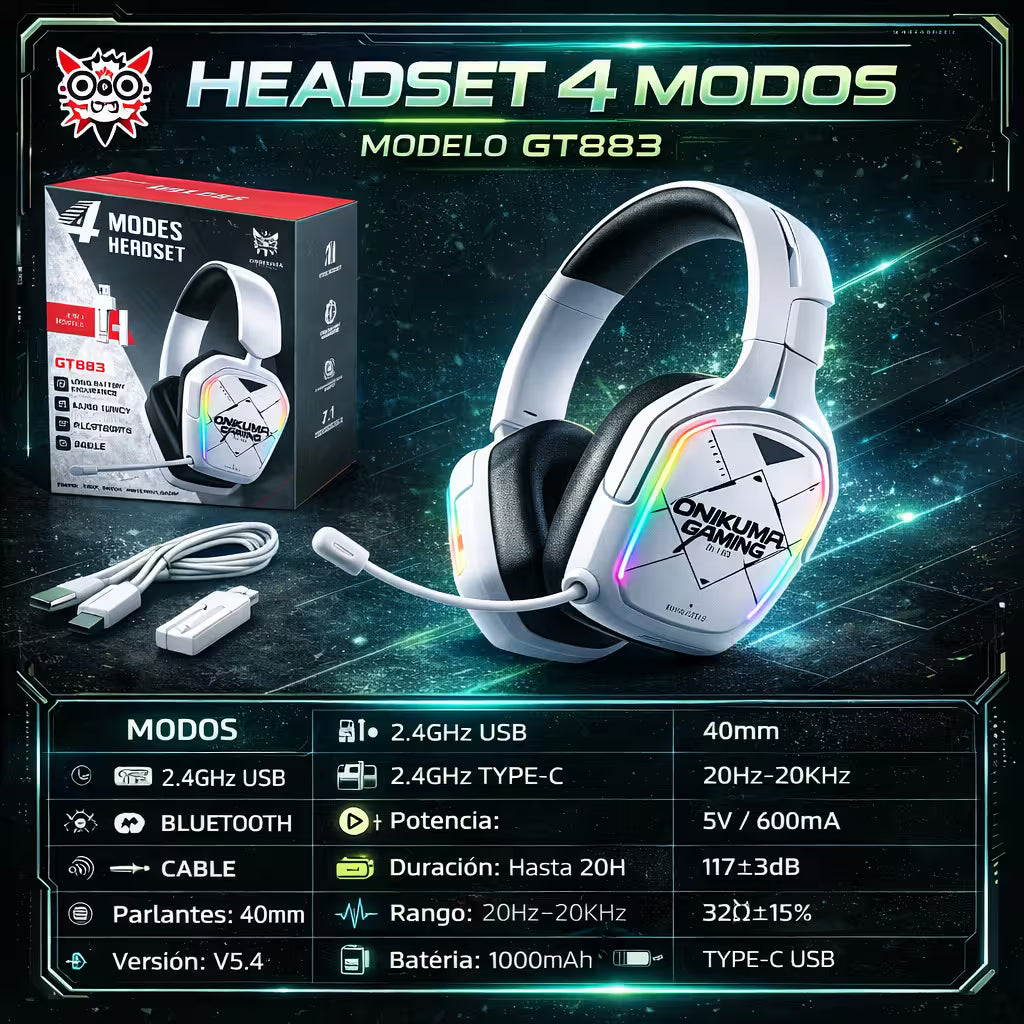 Diadema Gamer Inalámbrica ONIKUMA GT883 RGB Blanca - 4 Modos 80H Batería Bluetooth 5.4
