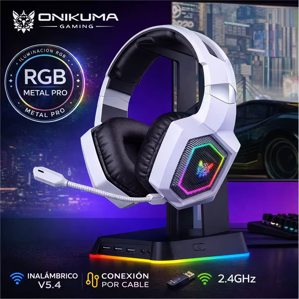 Diadema Gamer Inalámbrica ONIKUMA GT806 RGB Blanca - 3 Modos 60H Batería Latencia 40ms