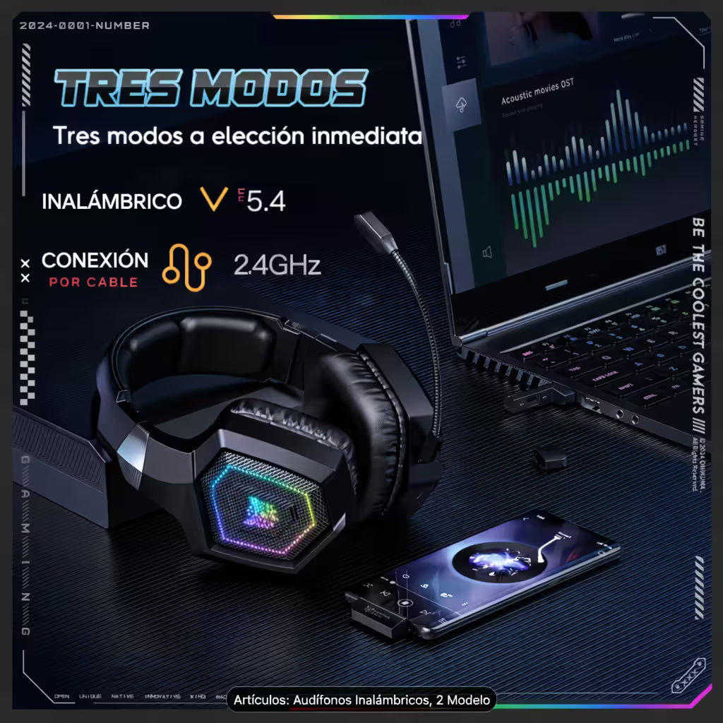 Diadema Gamer Onikuma GT806: Inalámbrica BT 5.4, Batería Infinita y RGB | NEGRA