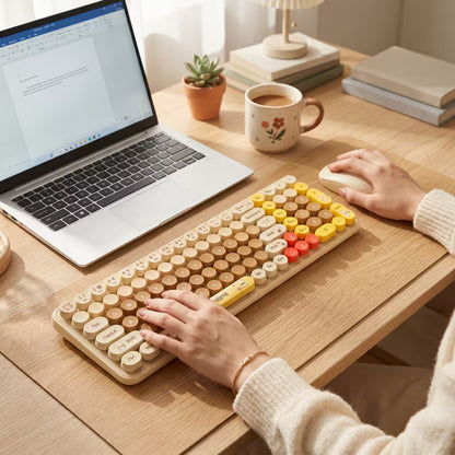 Combo Teclado y Mouse Inalámbrico Baby Bear - Habano | 100 Teclas Redondas Retro Multicolor | 10m | 2.4G