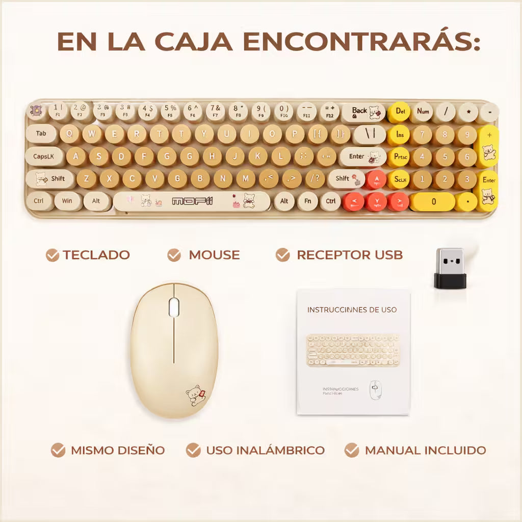 Combo Teclado y Mouse Inalámbrico Baby Bear - Habano | 100 Teclas Redondas Retro Multicolor | 10m | 2.4G