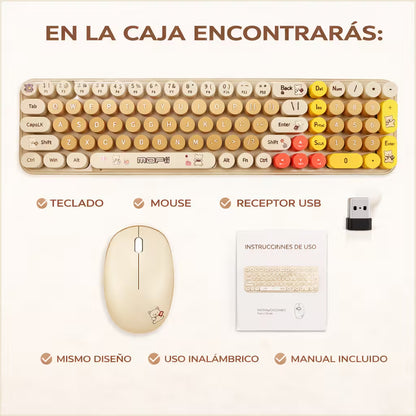 Combo Teclado y Mouse Inalámbrico Baby Bear - Habano | 100 Teclas Redondas Retro Multicolor | 10m | 2.4G