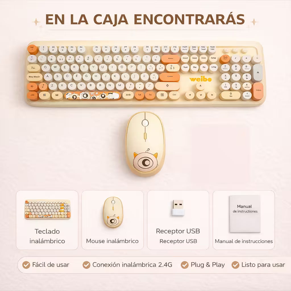 Combo Teclado y Mouse Inalámbrico Weibo WB-216 - Habano | 105 Teclas Redondas Retro | 10m | 2.4G