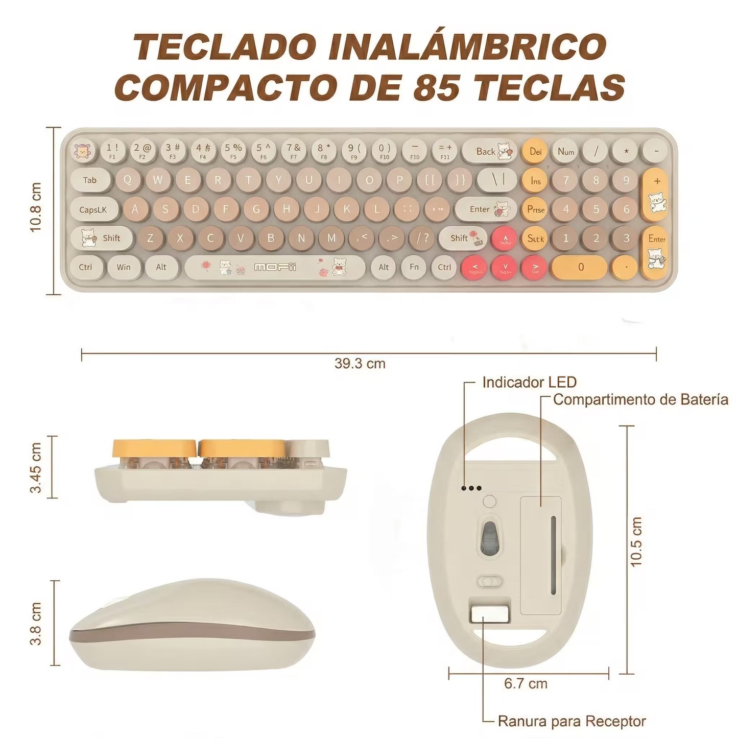 Combo Teclado y Mouse Inalámbrico Baby Bear - Habano | 100 Teclas Redondas Retro Multicolor | 10m | 2.4G
