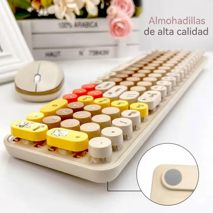 Combo Teclado y Mouse Inalámbrico Baby Bear - Habano | 100 Teclas Redondas Retro Multicolor | 10m | 2.4G