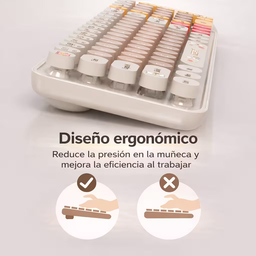 Combo Teclado y Mouse Inalámbrico Baby Bear - Habano | 100 Teclas Redondas Retro Multicolor | 10m | 2.4G