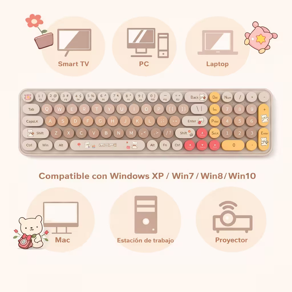 Combo Teclado y Mouse Inalámbrico Baby Bear - Habano | 100 Teclas Redondas Retro Multicolor | 10m | 2.4G