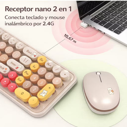 Combo Teclado y Mouse Inalámbrico Baby Bear - Habano | 100 Teclas Redondas Retro Multicolor | 10m | 2.4G