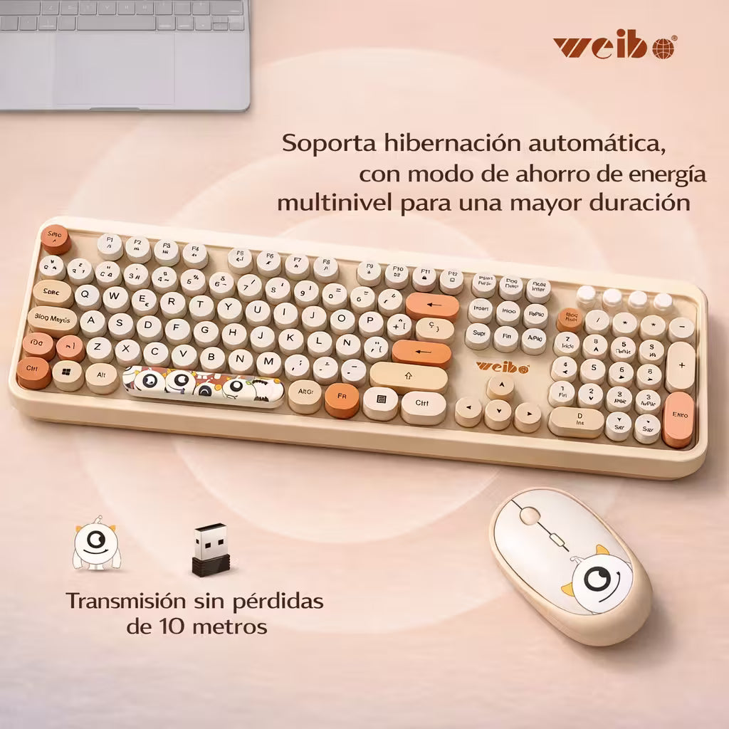 Combo Teclado y Mouse Inalámbrico Weibo WB-216 - Habano | 105 Teclas Redondas Retro | 10m | 2.4G