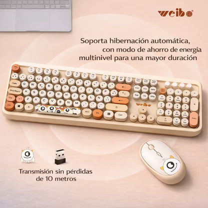 Combo Teclado y Mouse Inalámbrico Weibo WB-216 - Habano | 105 Teclas Redondas Retro | 10m | 2.4G