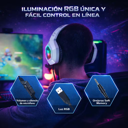 Diadema Gamer ONIKUMA K10 RGB Blanca - Audio Alta Fidelidad 50mm Micrófono Oculto
