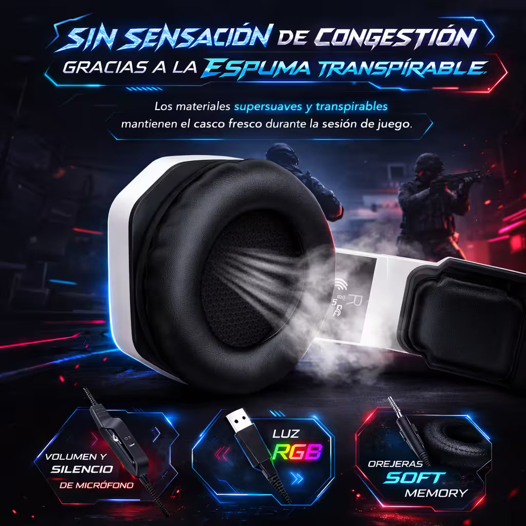 Diadema Gamer ONIKUMA K10 RGB Blanca - Audio Alta Fidelidad 50mm Micrófono Oculto