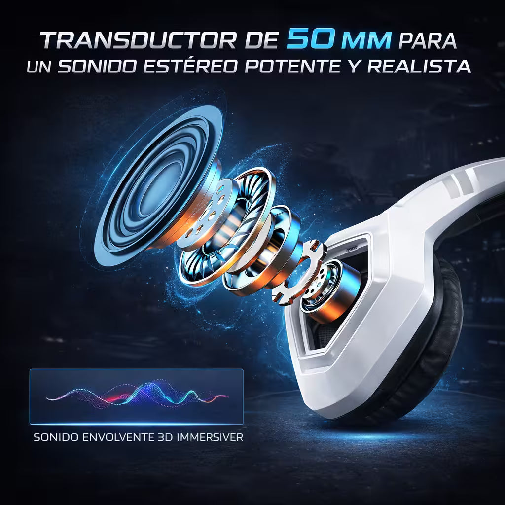 Diadema Gamer ONIKUMA K10 RGB Blanca - Audio Alta Fidelidad 50mm Micrófono Oculto