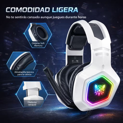 Diadema Gamer ONIKUMA K10 RGB Blanca - Audio Alta Fidelidad 50mm Micrófono Oculto
