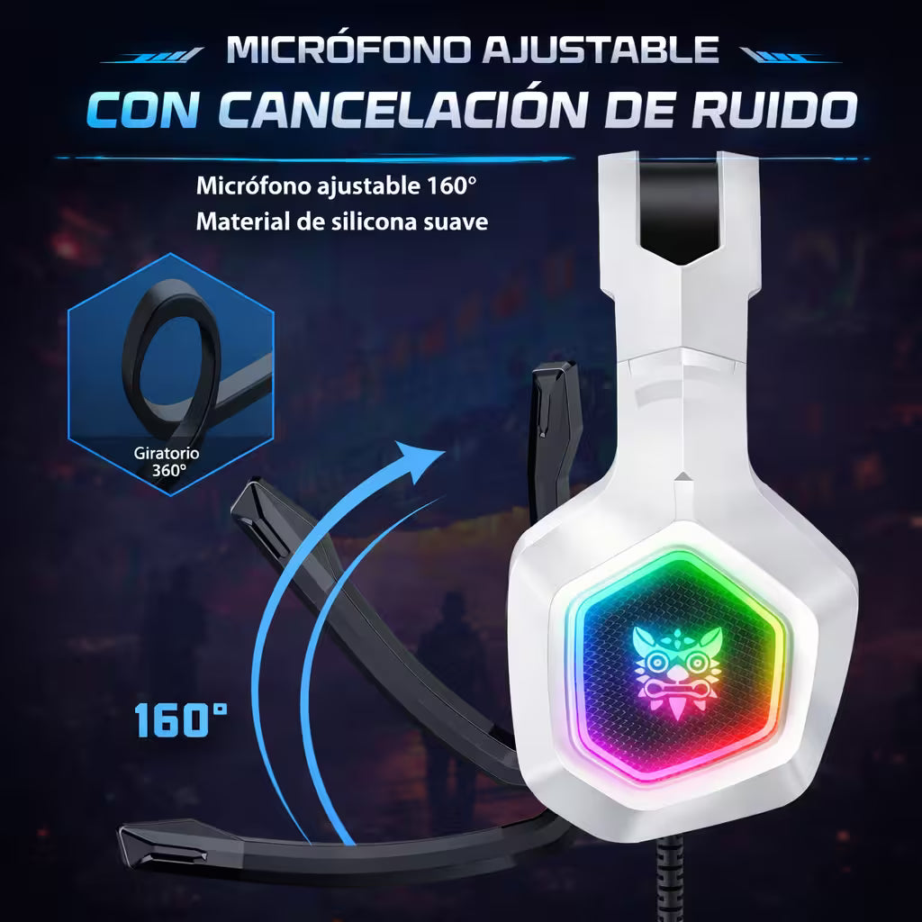Diadema Gamer ONIKUMA K10 RGB Blanca - Audio Alta Fidelidad 50mm Micrófono Oculto