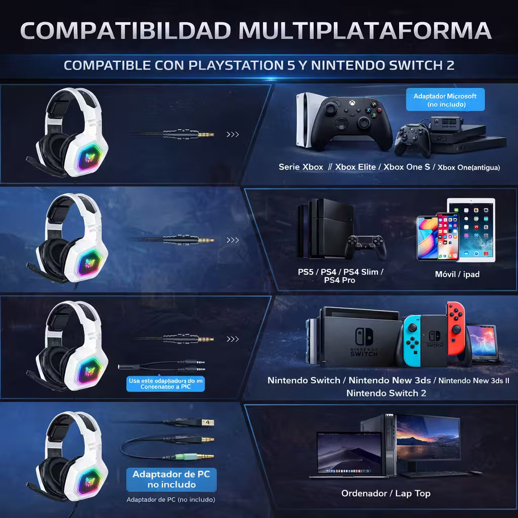 Diadema Gamer ONIKUMA K10 RGB Blanca - Audio Alta Fidelidad 50mm Micrófono Oculto