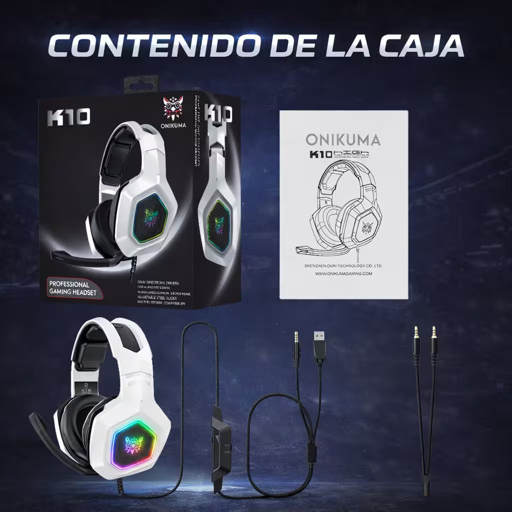 Diadema Gamer ONIKUMA K10 RGB Blanca - Audio Alta Fidelidad 50mm Micrófono Oculto