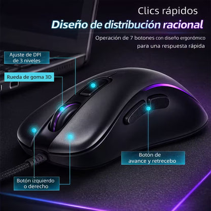 Mouse Gamer AOAS K-40 RGB - 7 Botones Programables DPI 3200 Cable 1.8m Ergonómico