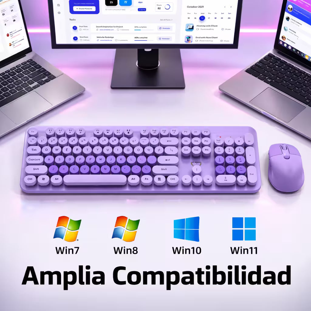 Combo Teclado Mouse Inalámbrico K73 Morado - 104 Teclas 2.4G 10m con Pilas