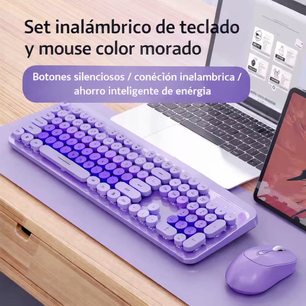 Combo Teclado Mouse Inalámbrico K73 Morado - 104 Teclas 2.4G 10m con Pilas