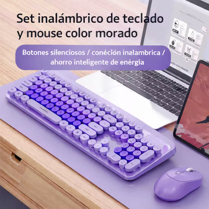 Combo Teclado Mouse Inalámbrico K73 Morado - 104 Teclas 2.4G 10m con Pilas