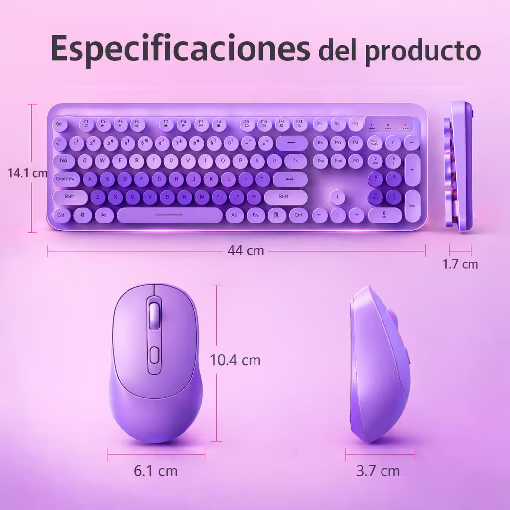 Combo Teclado Mouse Inalámbrico K73 Morado - 104 Teclas 2.4G 10m con Pilas