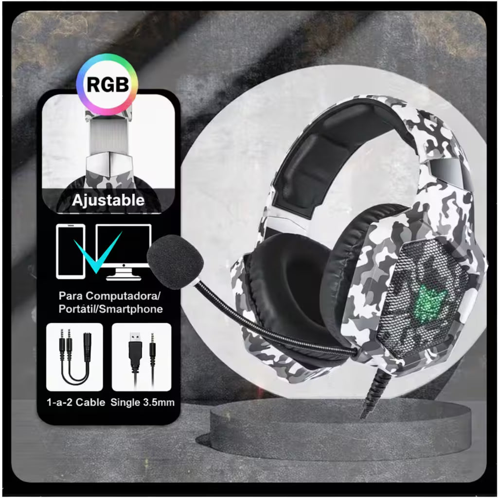 Diadema Gamer ONIKUMA K8 LED RGB Blanca Camuflada - Micrófono 360°