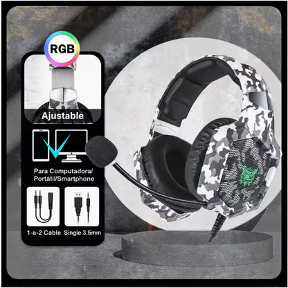 Diadema Gamer ONIKUMA K8 LED RGB Blanca Camuflada - Micrófono 360°
