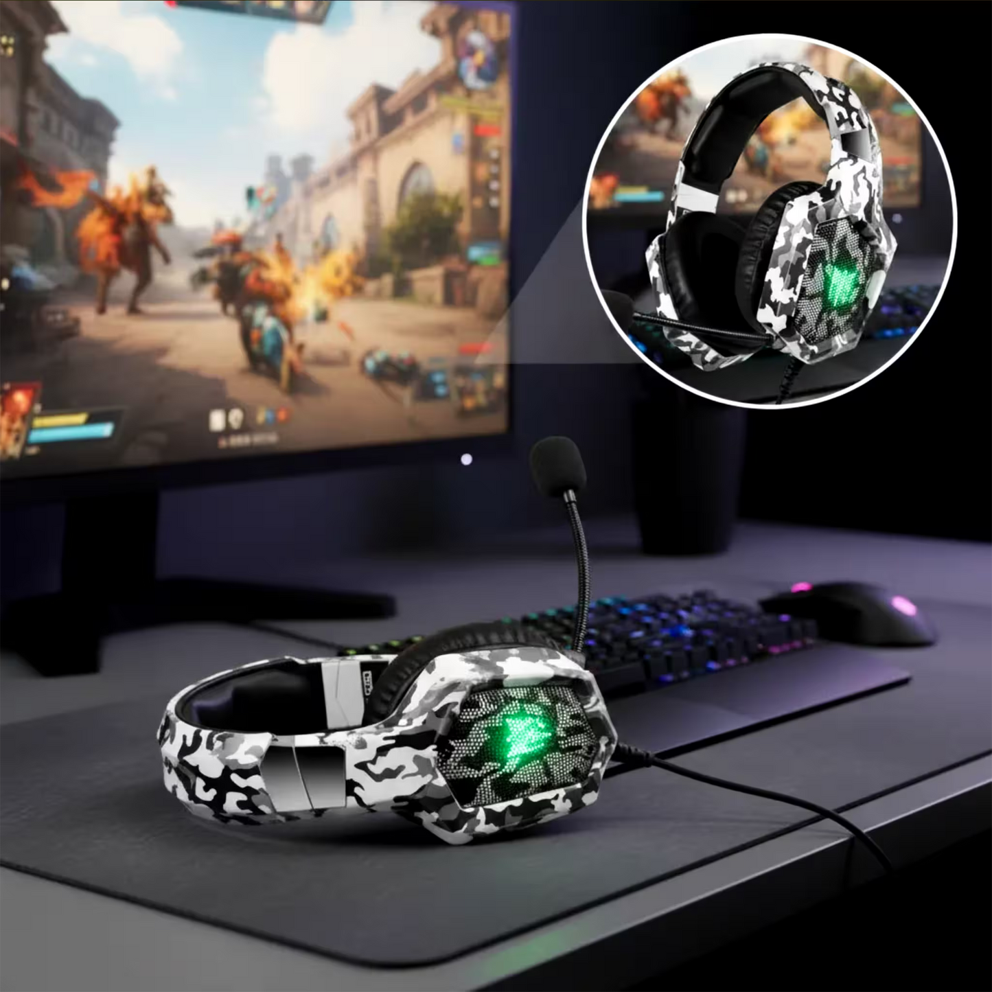 Diadema Gamer ONIKUMA K8 LED RGB Blanca Camuflada - Micrófono 360°