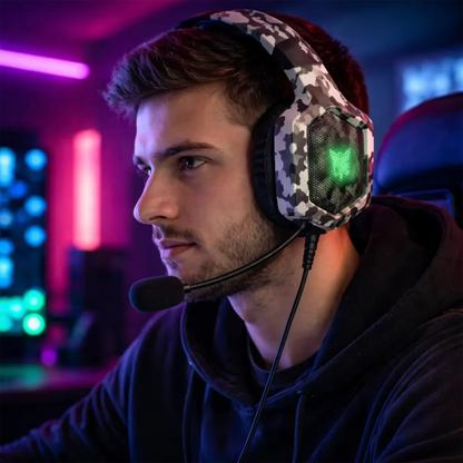 Diadema Gamer ONIKUMA K8 LED RGB Blanca Camuflada - Micrófono 360°