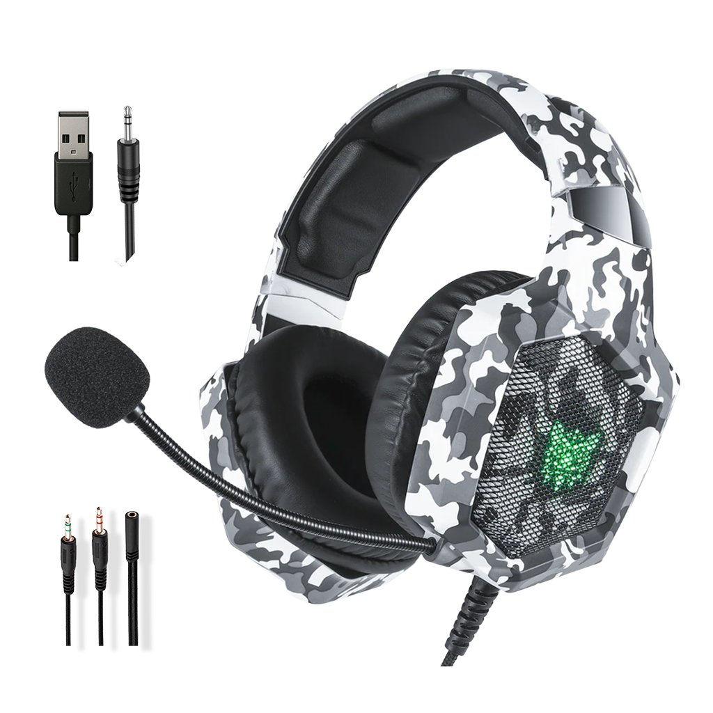 Diadema Gamer ONIKUMA K8 LED RGB Blanca Camuflada - Micrófono 360°