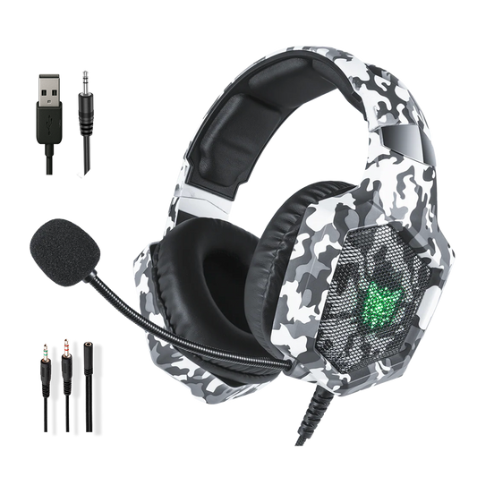 Diadema Gamer ONIKUMA K8 LED RGB Blanca Camuflada - Micrófono 360°