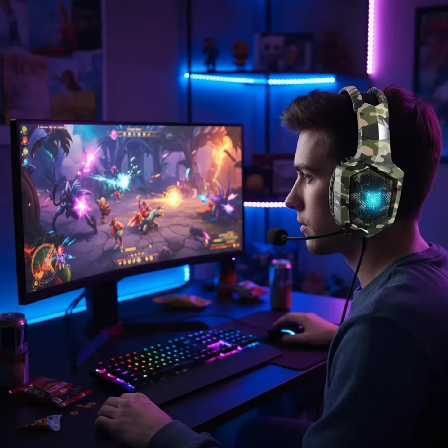Diadema Gamer ONIKUMA K8 LED RGB Verde Camuflado - Micrófono 360°