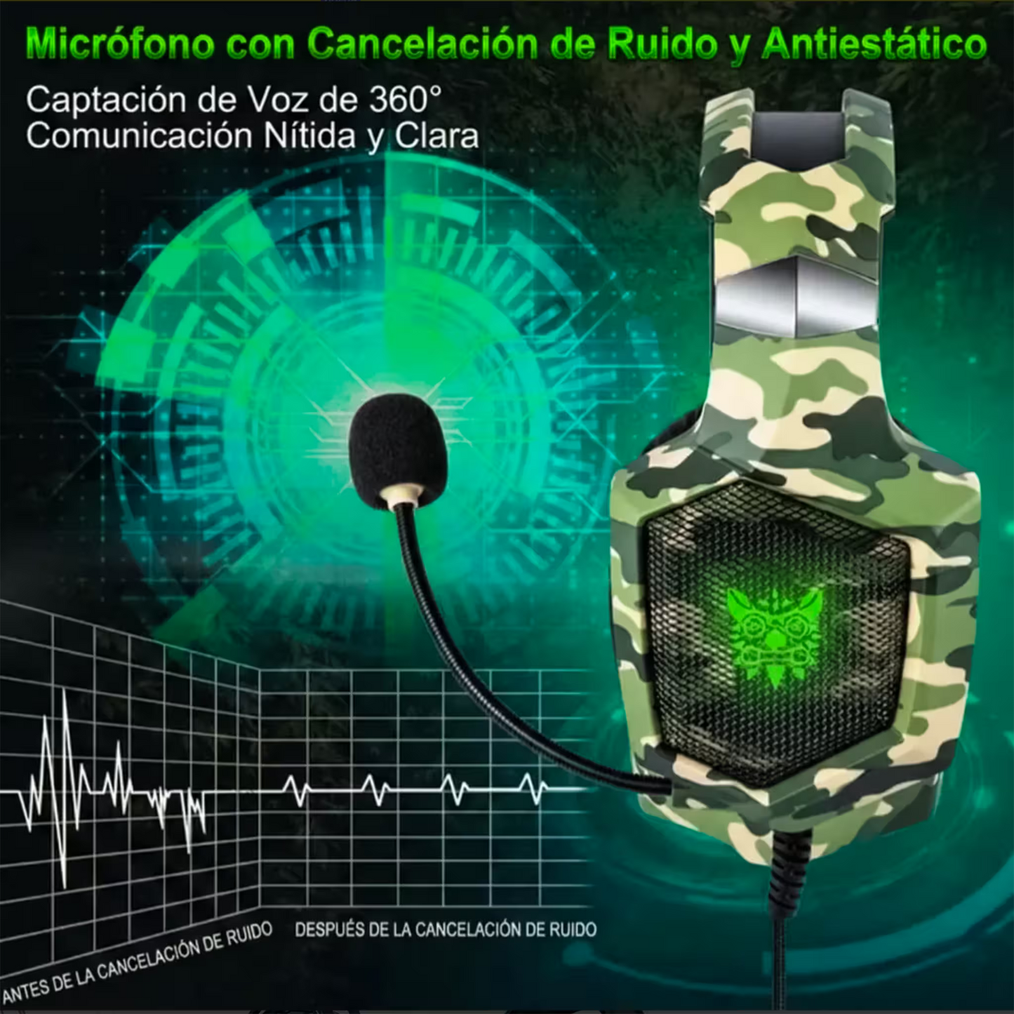 Diadema Gamer ONIKUMA K8 LED RGB Verde Camuflado - Micrófono 360°