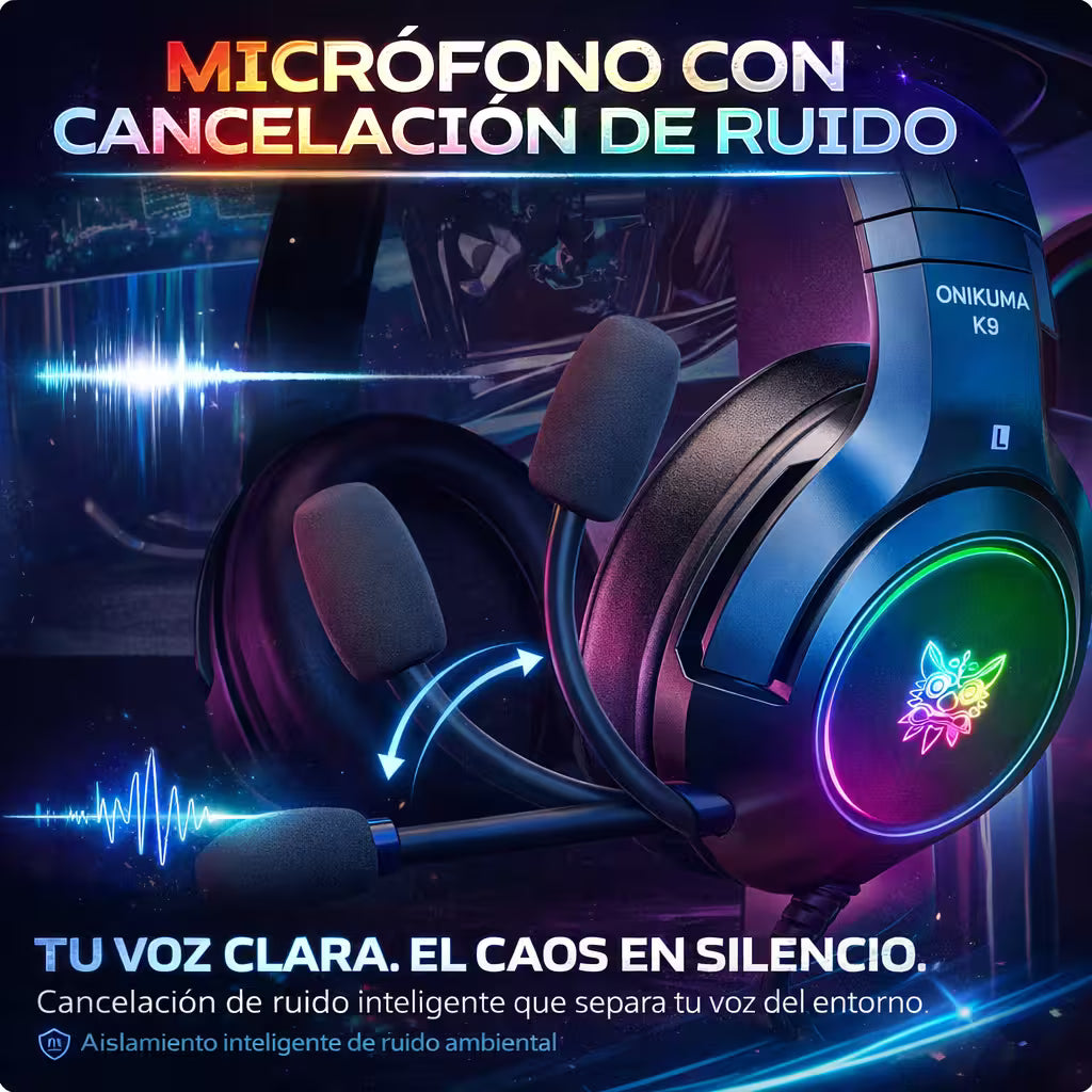 Diadema Gamer ONIKUMA K9 RGB Negra - Audio Alta Fidelidad 50mm Micrófono Retráctil