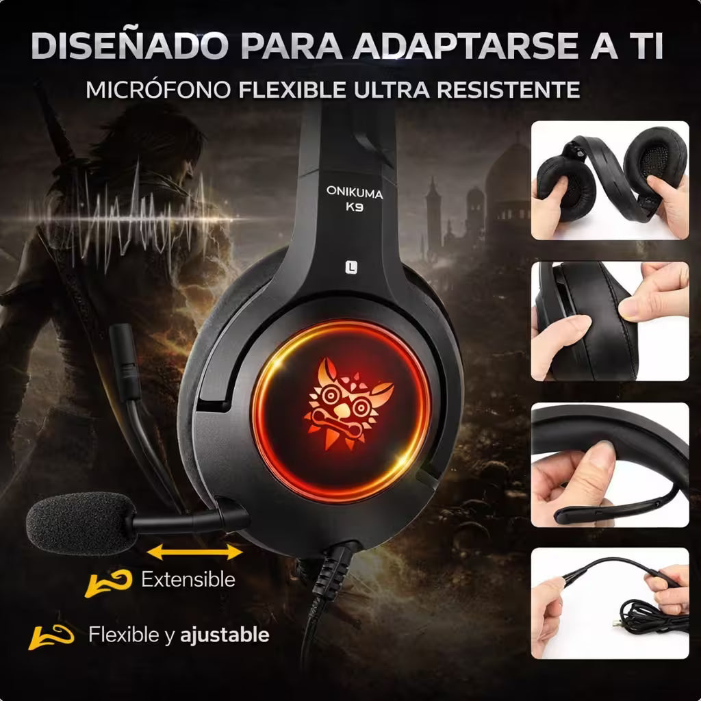 Diadema Gamer ONIKUMA K9 RGB Negra - Audio Alta Fidelidad 50mm Micrófono Retráctil