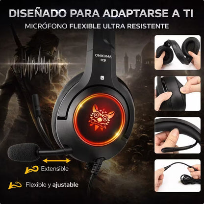Diadema Gamer ONIKUMA K9 RGB Negra - Audio Alta Fidelidad 50mm Micrófono Retráctil