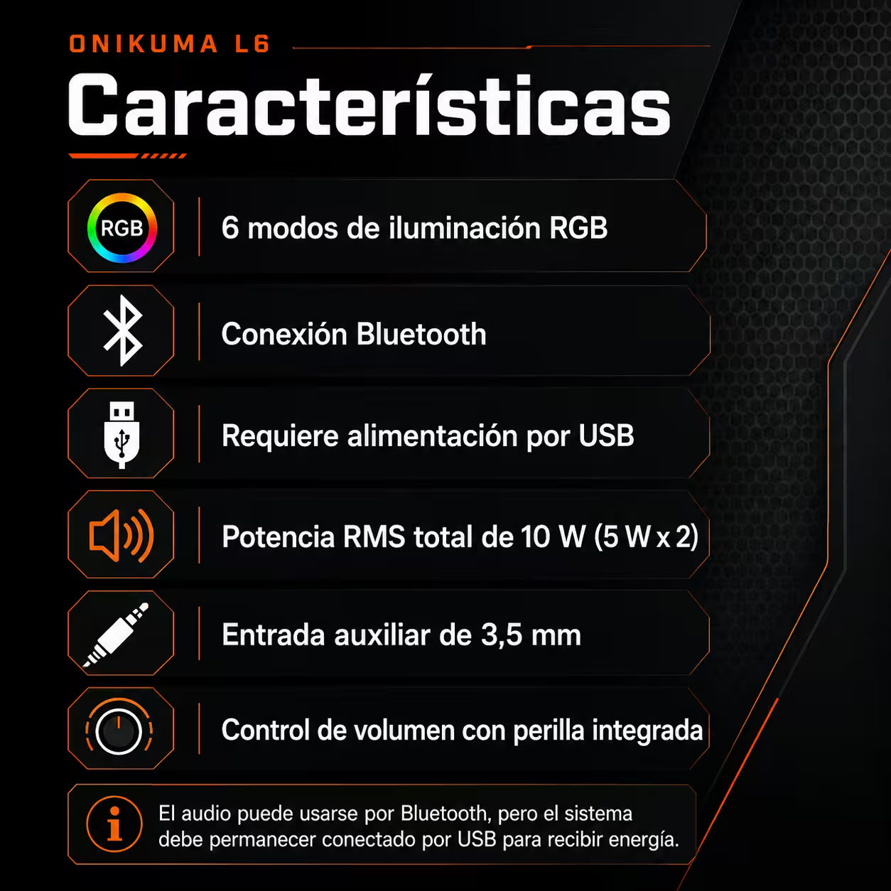 Parlantes Gamer ONIKUMA L6 RGB Bluetooth 10W – 6 Modos RGB | AUX 3.5mm | Control Volumen | Alimentación USB