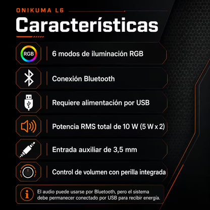 Parlantes Gamer ONIKUMA L6 RGB Bluetooth 10W – 6 Modos RGB | AUX 3.5mm | Control Volumen | Alimentación USB
