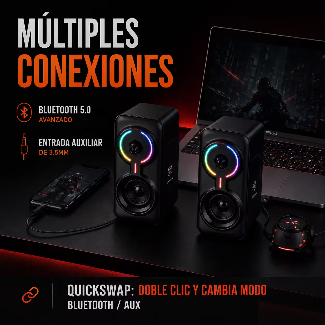 Parlantes Gamer ONIKUMA L6 RGB Bluetooth 10W – 6 Modos RGB | AUX 3.5mm | Control Volumen | Alimentación USB