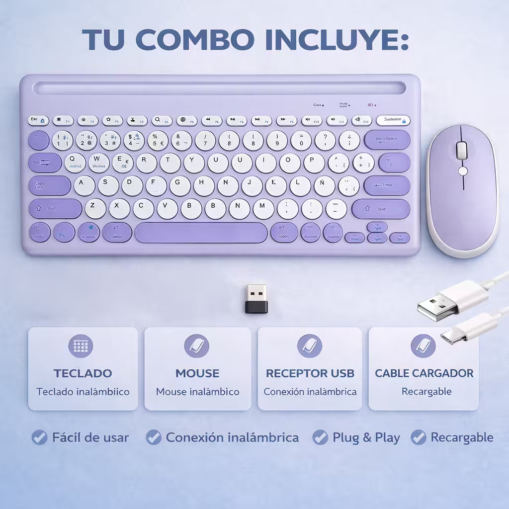 Combo Teclado y Mouse Inalámbrico AS-211 - Morado | Triple Conexión BT+2.4G 78 Teclas USB-C 40H
