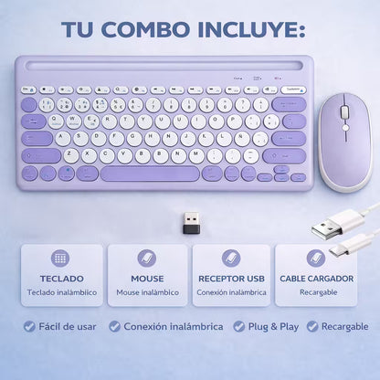 Combo Teclado y Mouse Inalámbrico AS-211 - Morado | Triple Conexión BT+2.4G 78 Teclas USB-C 40H