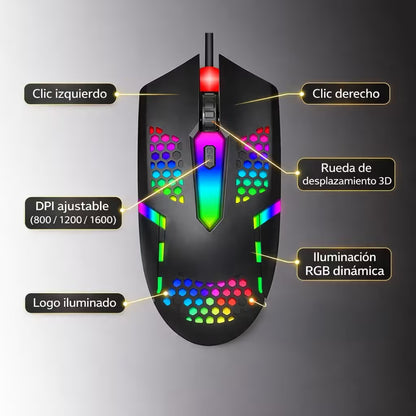 Mouse Gamer M37 - Diseño Honeycomb RGB | 3 DPI 1600 Cable 1.3m | Ultra Ligero 72g