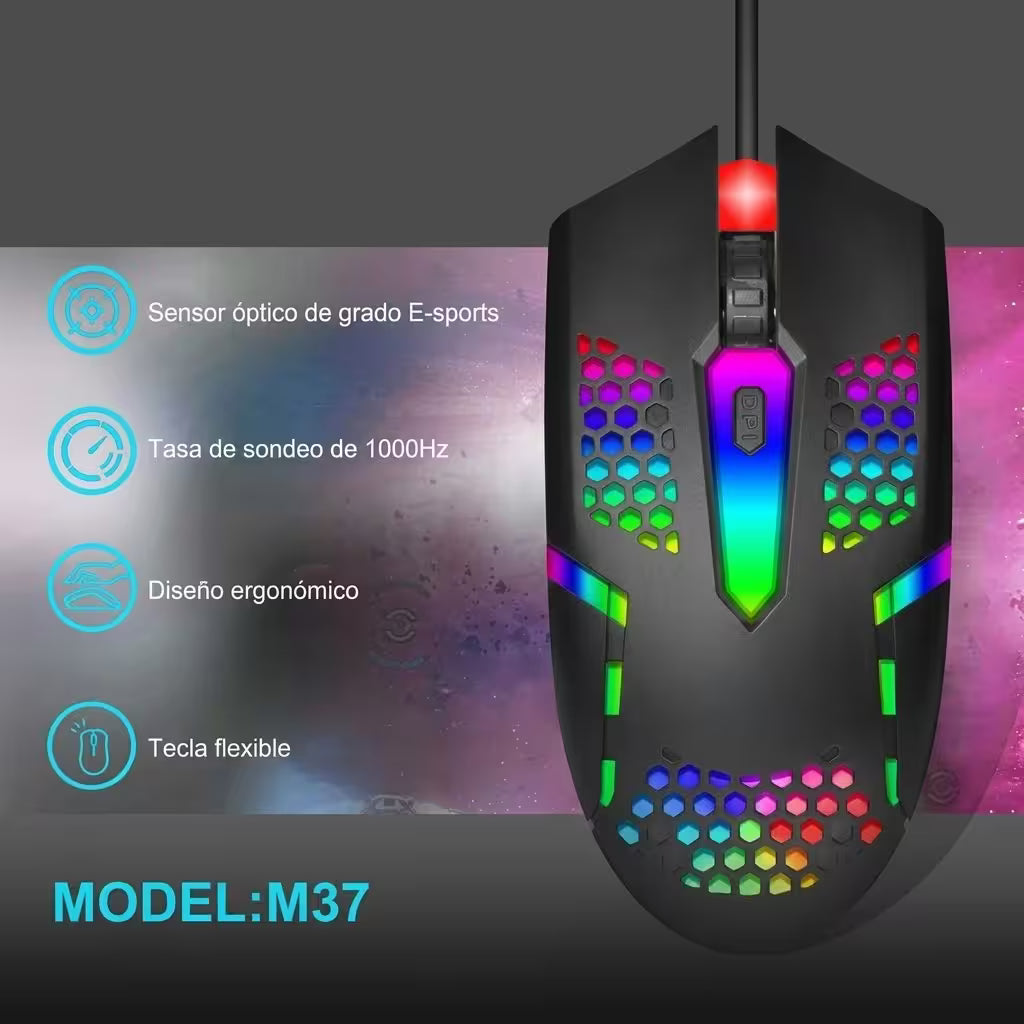 Mouse Gamer M37 - Diseño Honeycomb RGB | 3 DPI 1600 Cable 1.3m | Ultra Ligero 72g