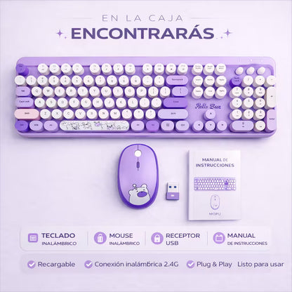 Combo Teclado y Mouse Inalámbrico Geezer Hello Bear - Morado | Mouse 800/1200/1600 DPI | 10m | 2.4G