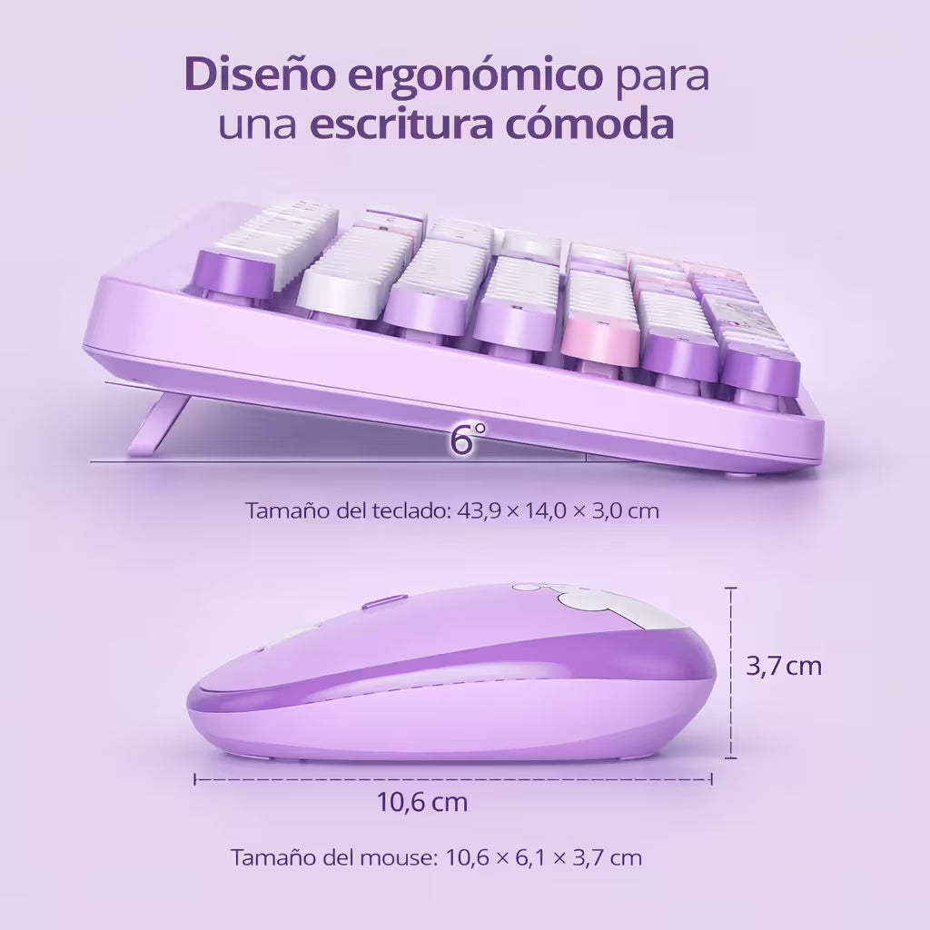 Combo Teclado y Mouse Inalámbrico Geezer Hello Bear - Morado | Mouse 800/1200/1600 DPI | 10m | 2.4G