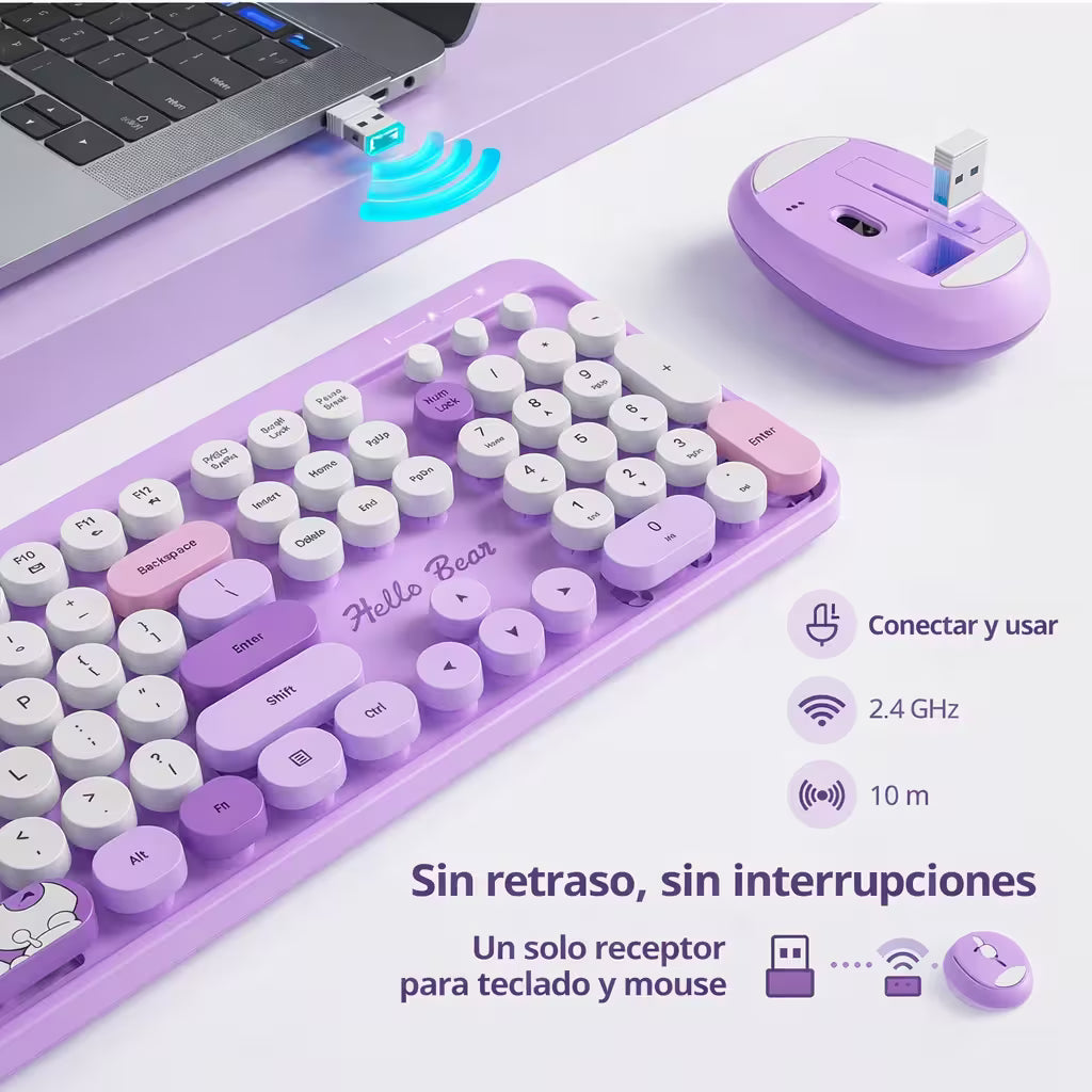 Combo Teclado y Mouse Inalámbrico Geezer Hello Bear - Morado | Mouse 800/1200/1600 DPI | 10m | 2.4G