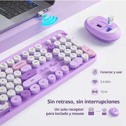 Combo Teclado y Mouse Inalámbrico Geezer Hello Bear - Morado | Mouse 800/1200/1600 DPI | 10m | 2.4G