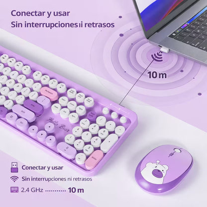 Combo Teclado y Mouse Inalámbrico Geezer Hello Bear - Morado | Mouse 800/1200/1600 DPI | 10m | 2.4G
