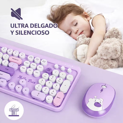 Combo Teclado y Mouse Inalámbrico Geezer Hello Bear - Morado | Mouse 800/1200/1600 DPI | 10m | 2.4G